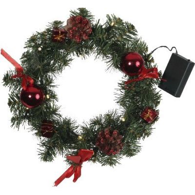 Венок еловый DECORAGE, диаметр 30 см, 10 LED ламп, на батарейках, зелёная хвоя, красные украшения 60-0