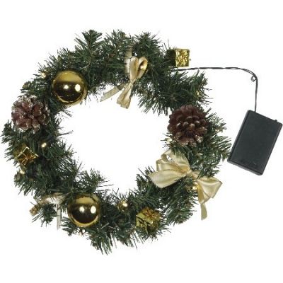 Венок еловый DECORAGE, диаметр 30 см, 10 LED ламп, на батарейках, зелёная хвоя, золотистые украшения-0