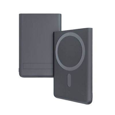 Магнитный внешний аккумулятор Slims с беспроводной зарядкой (15W), 5000 Mah, черный-0