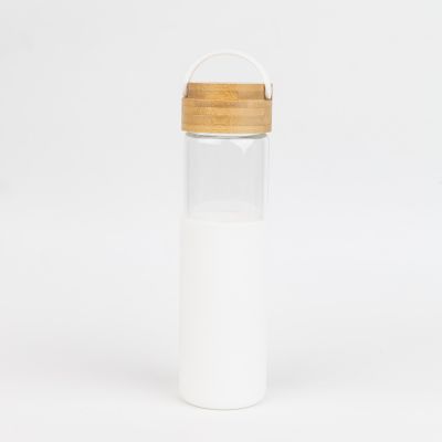 Бутылка стеклянная с силиконовой манжетой и бамбуковой крышкой  Glass, белая-3