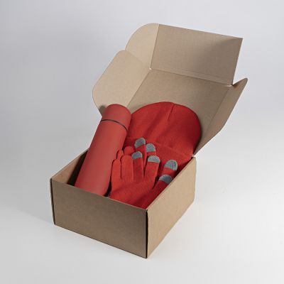 Набор подарочный GET WARM: перчатки, шапка, термос; красный-2