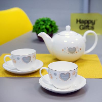 Чайник и две чайных пары GOLD в упаковке, 250мл и 1200мл, костяной фарфор, белый-5