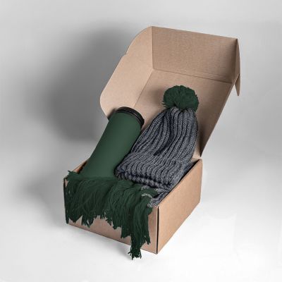 Набор подарочный COLD NIGHT: шарф и шапка, термокружка; темно-зеленый, темно-зелёный-2