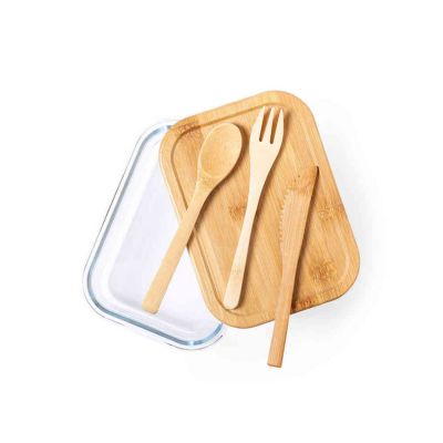 Ланч-бокс BEJAR, ложка, вилка нож в комплекте, стекло/бамбук, прозрачный-5