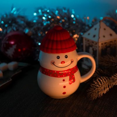 Кружка SNOWMAN с крышкой, белый, красный-3
