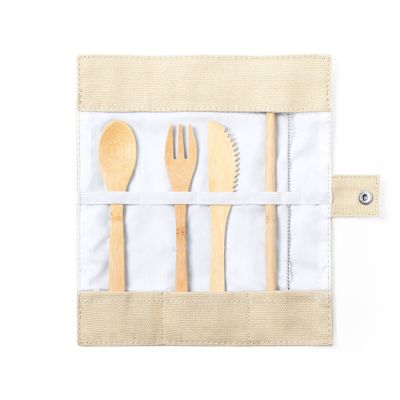 Набор столовых приборов CORPAX в чехле: ложка, вилка, нож, трубочка для питья и ершик для чистки трубочки, бежевый-1