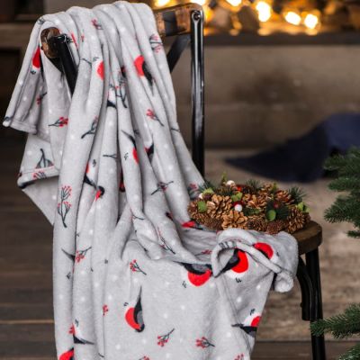 Плед новогодний 'Снегири' в подарочной коробке, 130х150 см, серый, красный-3