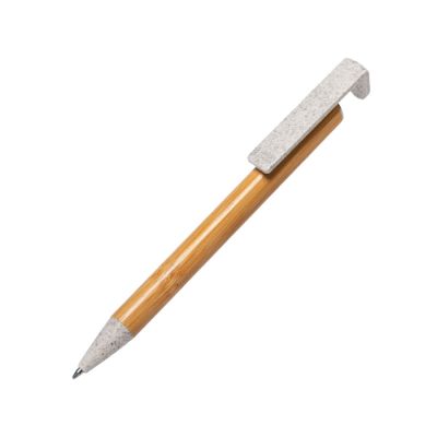 Ручка шариковая с подставкой для смартфона CLARION, бамбук, пластик с пшеничным волокном, светло-коричневый-0