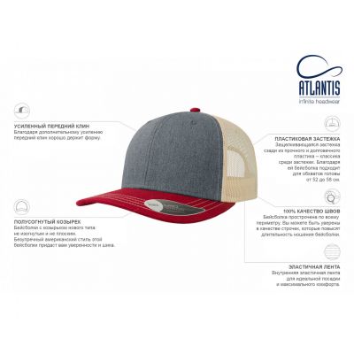 Бейсболка SONIC, 6 клиньев, пластиковая застежка, серый, красный, бежевый-6