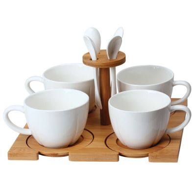 Чайная пара с ложкой (4шт) на подставке 'Ксю' в упаковке, 200 мл, фарфор, коричневый, белый-1