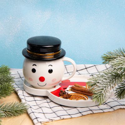 Чайная пара СНЕГОВИК с крышкой, белый, черный-5