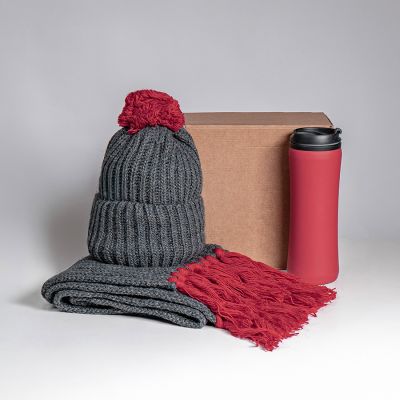 Набор подарочный COLD NIGHT: шарф и шапка, термокружка; красный-0