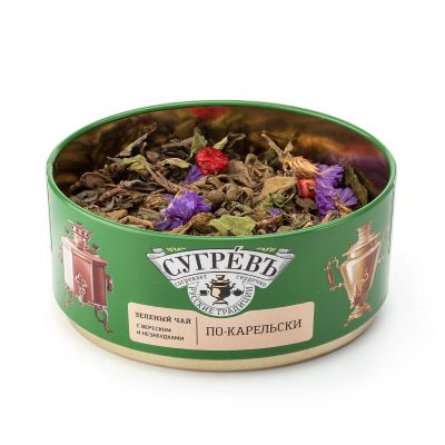 Чай Сугревъ в жестянной банке По-карельски  с натуральными малиновыми леденцами, зеленый-1