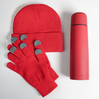 Набор подарочный GET WARM: перчатки, шапка, термос; красный-1