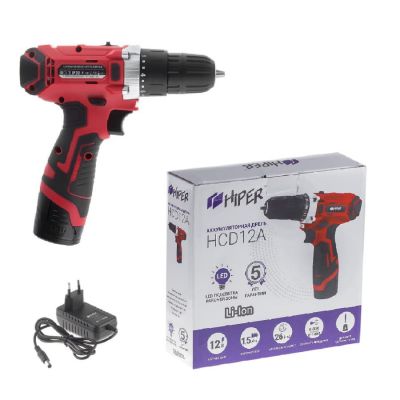 Шуруповерт аккумуляторный HIPER HCD12A, 12В, в коробке, Li-ion батарея 1,5 Ач, 25Нм, красный-4