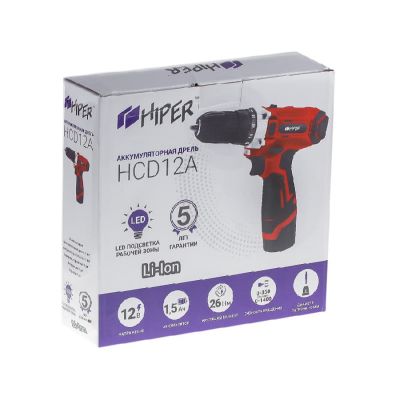 Дрель аккумуляторная HIPER HCD12A/2А, 12В, в кейсе, Li-ion батарея 1,5 Ач (2 шт), 25Нм, красный-3