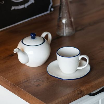 Чайник и чайная пара SEAWAVE  в упаковке, 200мл и 500мл, фарфор, белый, синий-6