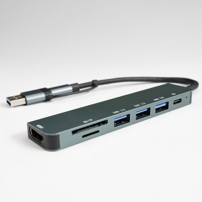 USB-хаб STEM 7 в 1, серый, алюминий-2