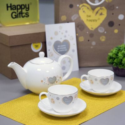 Чайник и две чайных пары GOLD в упаковке, 250мл и 1200мл, костяной фарфор, белый-4