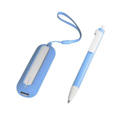 Набор SEASHELL-1: универсальное зарядное устройство (2000 mAh) и ручка в подарочной коробке, голубой, белый-3
