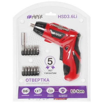 Отвертка аккумуляторная HIPER HSD3,6Li, в блистере, Li-ion батарея 1.3 Ач, 5Нм, красный-4
