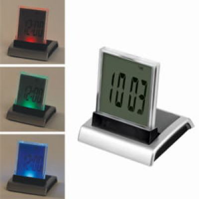 Часы-календарь-термометр с разноцветной подсветкой 'Дисплей', серебристый, черный-1