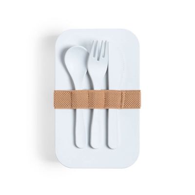 Ланч-бокс MOLKAS, ложка, вилка нож в комплекте, биоразлагаемый пластик, белый-1
