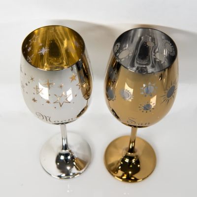Бокалы для вина 2 штуки MOON&SUN, золотой и серебяный, 22,5х24,8х11,9см, стекло, серебристый, золотистый-4