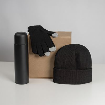 Набор подарочный GET WARM: перчатки, шапка, термос, черный-0