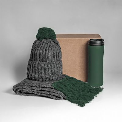 Набор подарочный COLD NIGHT: шарф и шапка, термокружка; темно-зеленый, темно-зелёный-0