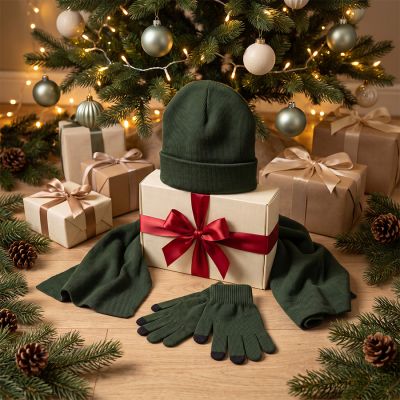 Набор подарочный Green Christmas: шапка, варежки, перчатки в коробке, зеленый-5