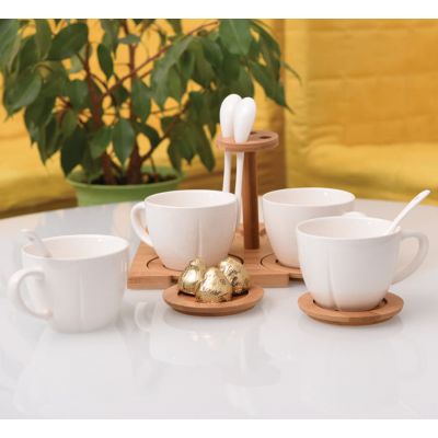 Чайная пара с ложкой (4шт) на подставке 'Ксю' в упаковке, 200 мл, фарфор, коричневый, белый-3