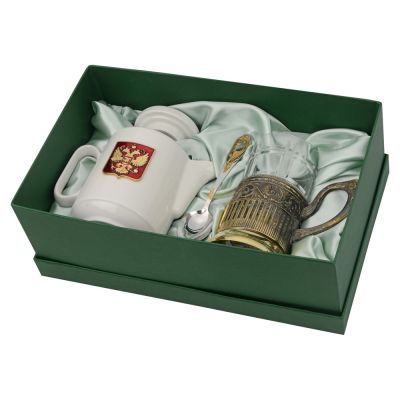 Чайный набор с подстаканником и фарфоровым чайником ЭГОИСТ-Л, золотистый/белый-0