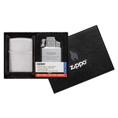 Набор ZIPPO: зажигалка 200 с покрытием Brushed Chrome и газовый вставной блок с двойным пламенем-0