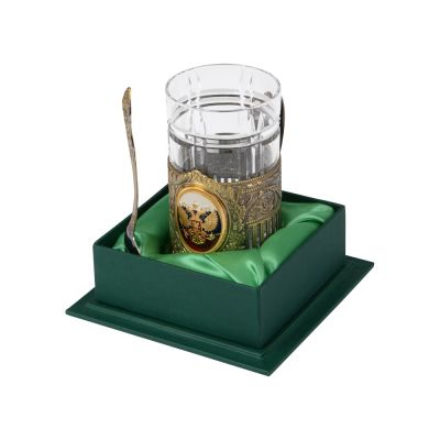 Подстаканник с хрустальным стаканом и ложкой РОССИЙСКИЙ-Л, золотистый/прозрачный-0