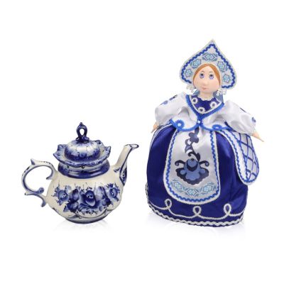 Набор Гжель: кукла на чайник, чайник заварной с росписью-0