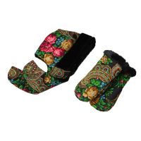 Подарочный набор: Павлопосадский капор, варежки, черный/разноцветный