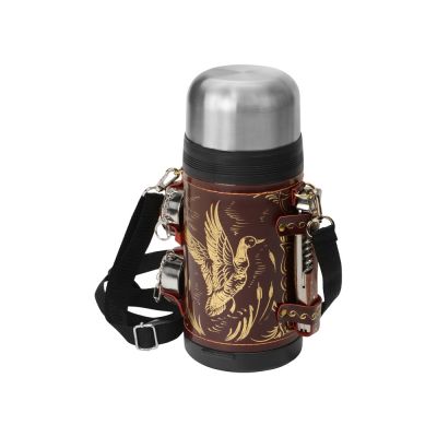 Термос в кожаном чехле, 1,2л, бордовая кожа-0