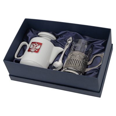 Чайный набор с подстаканником и фарфоровым чайником ЭГОИСТ-М, серебристый/белый-0