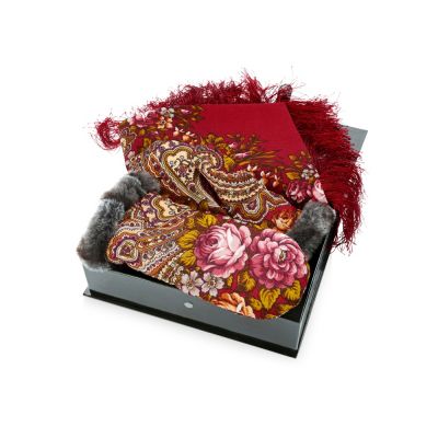 Набор: Павлопосадский платок, рукавицы, красный/разноцветный-1