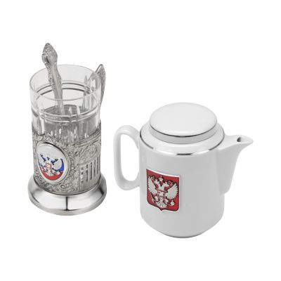 Чайный набор с подстаканником и фарфоровым чайником ЭГОИСТ-М, серебристый/белый-1