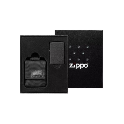 Набор ZIPPO: чёрная зажигалка Black Crackle и чёрный нейлоновый чехол, в подарочной коробке-0