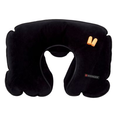 Подушка для самолёта WENGER, надувная, чёрная, флис, беруши в комплекте-0