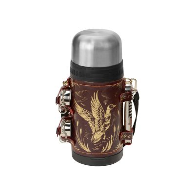 Термос в кожаном чехле, 1,2л, бордовая кожа-1