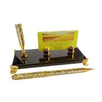 Подставка под визитки с шариковой ручкой, золотистый/черный