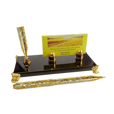 Подставка под визитки с шариковой ручкой, золотистый/черный-0