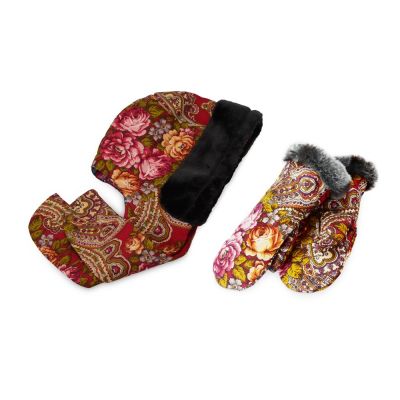 Подарочный набор: Павлопосадский капор, варежки, красный/разноцветный-0