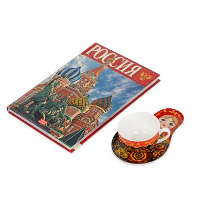 Набор Моя Россия: чайно-кофейная пара Матрешка, хохлома и книга Россия на русском языке-0