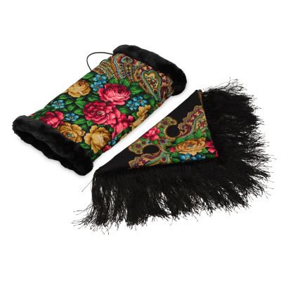 Подарочный набор: Павлопосадский платок, муфта, черный/разноцветный-0