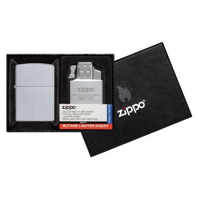 Набор ZIPPO: зажигалка 205 с покрытием Satin Chrome™ и газовый вставной блок с двойным пламенем-0